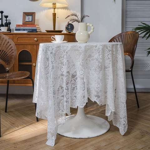 French Vintage Lace Tablecloth Embroidered Floral Beaded Pearl Edge Mesh Photography Background Rectangle Table Cover Home Decor