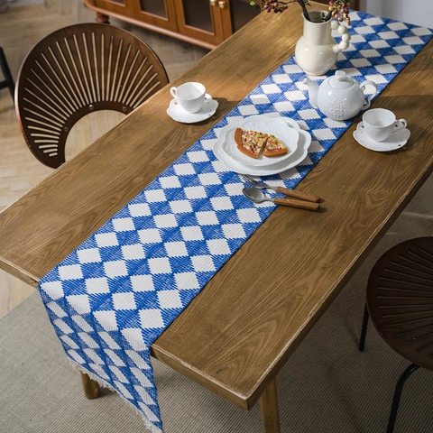 Woven Cotton Jute Rhombus Pattern Table Runner With Tassels Geometric Argyle Home Dining Room Farmhouse Table Decoration