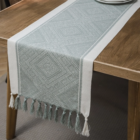 Nordic Geometric Jacquard Table Runner With Handmade Tassels Polyester Modern Minimalist Dining Table Decoration For Home