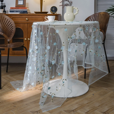 Pastoral Floral Embroidery Mesh Tablecloth Elegant 3D Flower Lace Table Cover For Dining Room Decoration Photography Props
