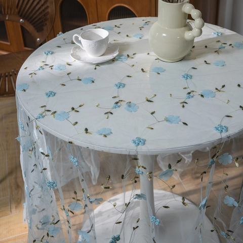 Pastoral Floral Embroidery Mesh Tablecloth Elegant 3D Flower Lace Table Cover For Dining Room Decoration Photography Props