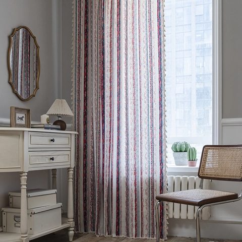 Bohemian Cotton Printed Window Curtain With Tassel Edge Ethnic Geometric Striped Floral Kitchen Cafe Curtains For Home Living Room