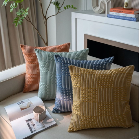 Moderner Geometrischer Wellen-Jacquard Kissenbezug Baumwolle Leinen Dekorativer Kissenhülle Für Sofa Wohnzimmer Deko Ohne Füllung