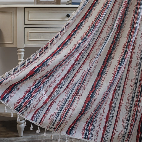 Bohemian Cotton Printed Window Curtain With Tassel Edge Ethnic Geometric Striped Floral Kitchen Cafe Curtains For Home Living Room