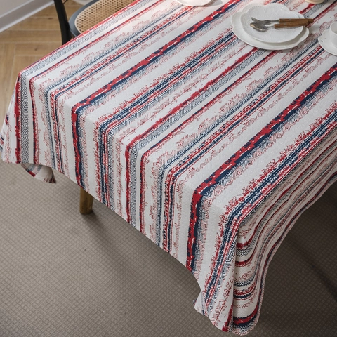 Amerikanische Retro Gestreifte Florale Rechteckige Tischdecke Baumwollmischgewebe Ethnische Geometrische Druck Tischabdeckung Für Haus