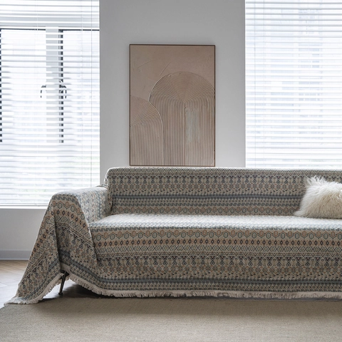 Bohemian Jacquard Sofa Throw Cover With Tassels Vintage Geometric Pattern Thick Polyester Cotton Blanket For Home Decor