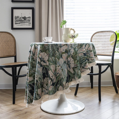 Vintage Amerikaanse Stijl Rond Tafelkleed Met Jacquard Bloem Geometrisch Patroon Elegante Kwastjes Polyester Katoen Tafelkleed Voor Dineren Decoratie