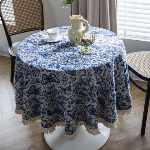 Retro Amerikaanse Jacquard Rond Tafelkleed Met Kwastjesfranje Blauw Wit Vlinder Bloemenpatroon Stofdichte Tafelbedekking