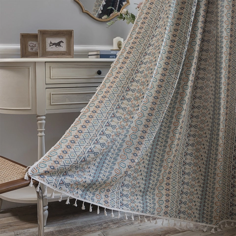 Rideau Bohème à Glands Polycoton Jacquard Géométrique Floral Semi-Obscurcissant Décoration Fenêtre Pour Salon Chambre à Coucher