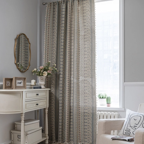 Rideau Bohème à Glands Polycoton Jacquard Géométrique Floral Semi-Obscurcissant Décoration Fenêtre Pour Salon Chambre à Coucher