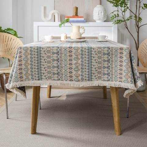 Amerikaanse Boheemse Geometrische Jacquard Tafelkleed Dik Rechthoekig Mengsel Tafelkleed Met Witte Kwastjes Voor Eetkamer Home Decor