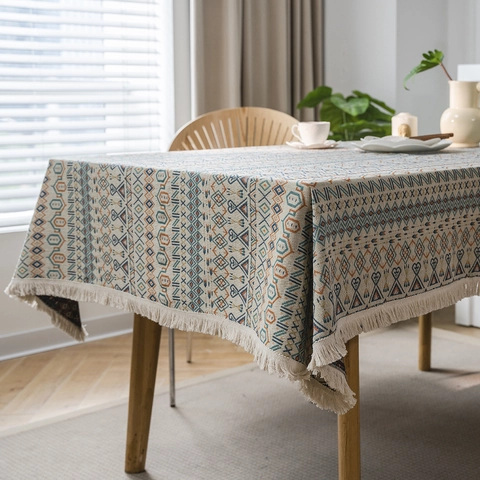 Amerikaanse Boheemse Geometrische Jacquard Tafelkleed Dik Rechthoekig Mengsel Tafelkleed Met Witte Kwastjes Voor Eetkamer Home Decor
