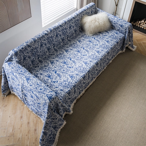 Manta de Sofá Vintage Jacquard de Mezcla de Algodón Con Borlas Patrón Floral de Mariposa Manta Decorativa Antiarañazos