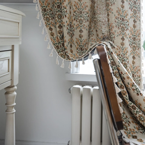 Vintage American Rural Polyester Cotton Jacquard Curtains With Tassels Geometric Floral Window Curtains For Kitchen Living Room