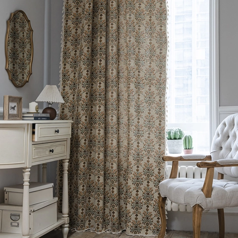 Vintage American Rural Polyester Cotton Jacquard Curtains With Tassels Geometric Floral Window Curtains For Kitchen Living Room