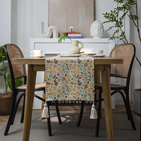 Camino De Mesa Pastoral Estampado Floral Con Borlas Mezcla De Poliéster Y Algodón Para Decoración De Mesa De Comedor