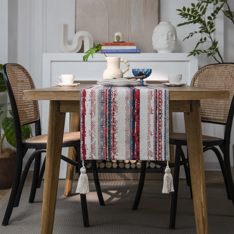 Camino de Mesa de Poliéster Algodón Bohemio Rayas Geométricas Borlas Decoración Mantel Rectangular Para Comedor Fiesta