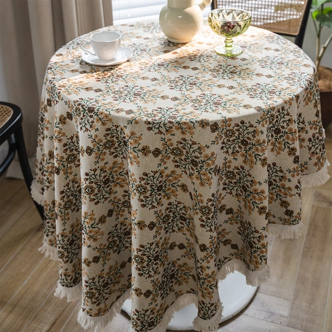 Amerikaanse Retro Ronde Tafelkleed Jacquard Bloemen Geometrisch Patroon Met Kwastjesrand Polyester Katoenmix Decoratieve Tafelbekleding Voor Eetkamer Keuken Thuis Decor