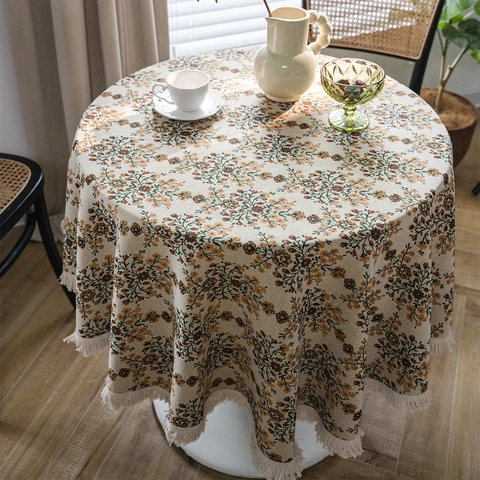 Amerikaanse Retro Ronde Tafelkleed Jacquard Bloemen Geometrisch Patroon Met Kwastjesrand Polyester Katoenmix Decoratieve Tafelbekleding Voor Eetkamer Keuken Thuis Decor