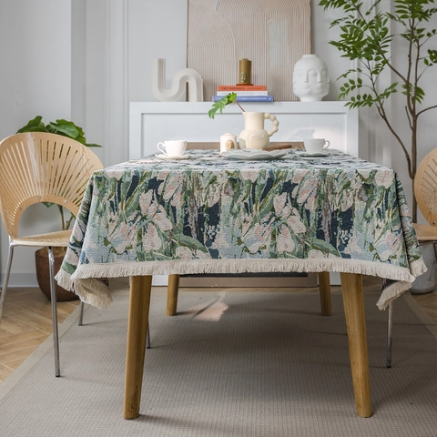 Amerikaanse Stijl Jacquard Tafelkleed Dikke Mix Rechthoekig Tafelkleed Met Kwastjes Bloemig Geometrisch Decoratief Eettafelkleed