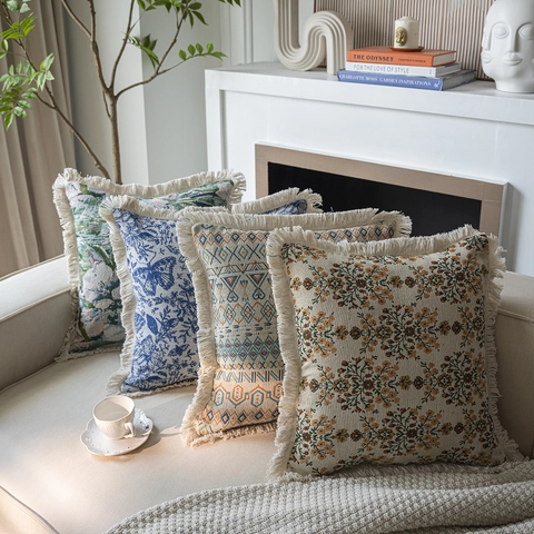 Fodera per Cuscino Jacquard Vintage Americano Con Nappe Motivo Floreale Geometrico Federa per Divano Decorazione Casa