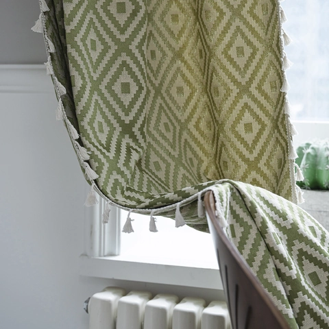 Boho Geometric Diamond Fret Pattern Cotton Curtain With Tassels American Country Semi Blackout Door Window Curtain For Kitchen Living Room