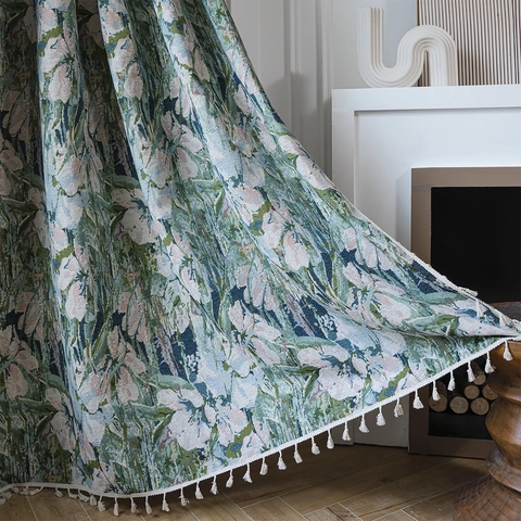 Cortina de Puerta Floral de Jacquard Vintage Con Borlas Mezcla Algodón Poliéster Sombreado Parcial Patrón Bohemio Flores