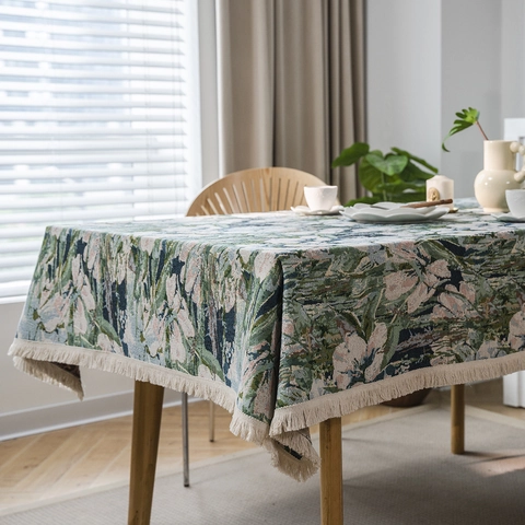 Amerikaanse Stijl Jacquard Tafelkleed Dikke Mix Rechthoekig Tafelkleed Met Kwastjes Bloemig Geometrisch Decoratief Eettafelkleed