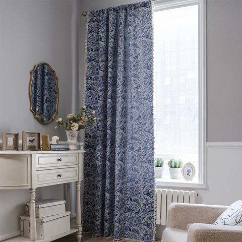 Rideau Vintage Américain Imprimé Floral et Papillon Avec Glands Mélange de Coton Semi Occultant pour Salon et Chambre à Coucher