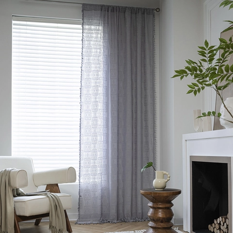 American Country Crochet Lace Curtains Hollow Geometric Floral Patterns Tassel Trim Translucent Window Treatments Bedroom Living Room