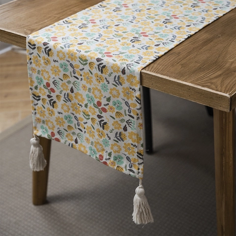 Camino De Mesa Pastoral Estampado Floral Con Borlas Mezcla De Poliéster Y Algodón Para Decoración De Mesa De Comedor