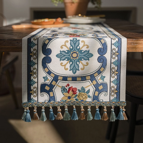 Runner da Tavolo Vintage Europeo Jacquard Floreale Con Nappine Per Tavolo Da Pranzo Tavolino Armadietto Decorazione Casa
