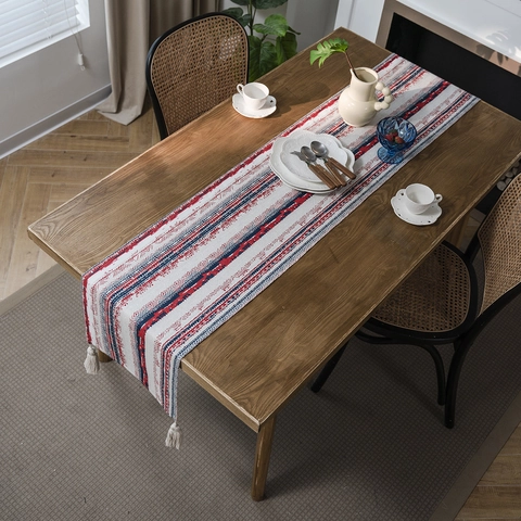Camino de Mesa de Poliéster Algodón Bohemio Rayas Geométricas Borlas Decoración Mantel Rectangular Para Comedor Fiesta
