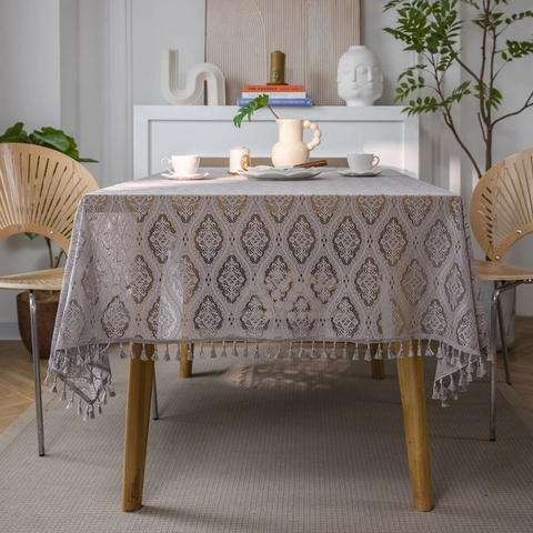 Vintage Lace Crochet Tablecloth With Tassel Hollow Out Floral Pattern Cotton Blend Rectangle Table Cloth For Home Wedding Decor