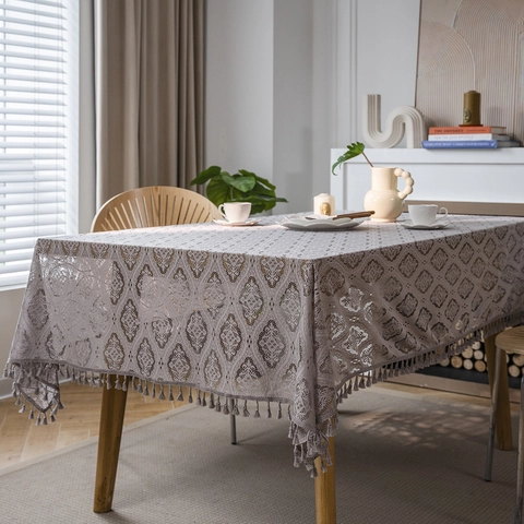 Vintage Lace Crochet Tablecloth With Tassel Hollow Out Floral Pattern Cotton Blend Rectangle Table Cloth For Home Wedding Decor