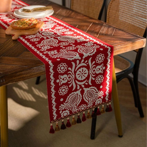 Bohemian Ethnic Jacquard Table Runner With Tassels Geometric Floral Cotton Blend Table Cloth For Wedding Party Home Dining Table Decor