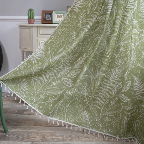 Pastoral Green Leaf Printed Cotton Linen Curtain With White Tassel Trim Semi-blackout Window Drape For Living Room Kitchen