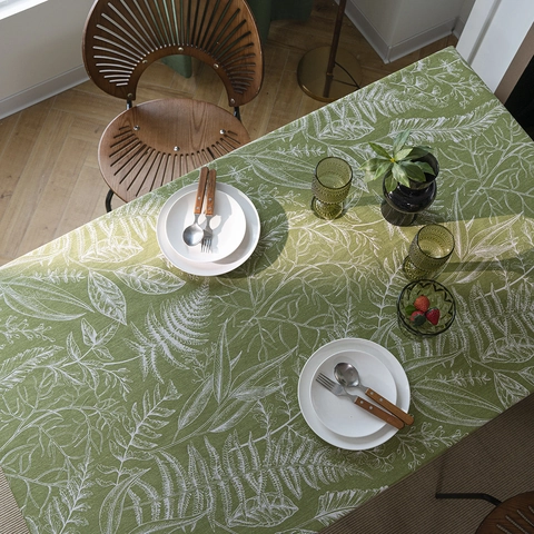 Green Leaf Pattern Cotton Blend Tablecloth Rectangular Round Christmas Plaid Heart Design Dustproof Table Cover For Dining