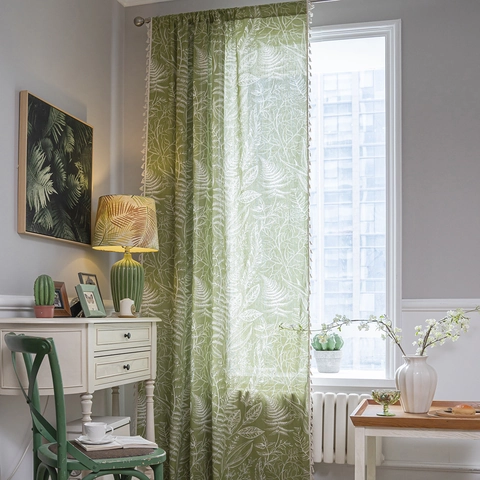 Pastoral Green Leaf Printed Cotton Linen Curtain With White Tassel Trim Semi-blackout Window Drape For Living Room Kitchen