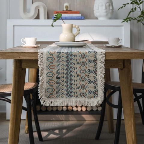 Boheems Katoen Linnen Tafelloper Met Kwastjes Vintage Jacquard Bloemen Geometrisch Patroon Boerderij Eetkamer Tafel Decoratie