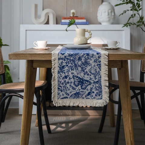 Amerikaanse Landelijke Stijl Katoen Linnen Jacquard Tafelloper Met Kwastjes Vlinder Bloemenpatroon Tafeldecoratie Doek Voor Huis