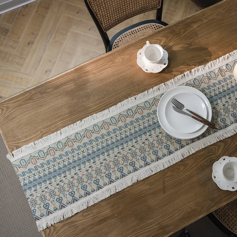 Boheems Katoen Linnen Tafelloper Met Kwastjes Vintage Jacquard Bloemen Geometrisch Patroon Boerderij Eetkamer Tafel Decoratie