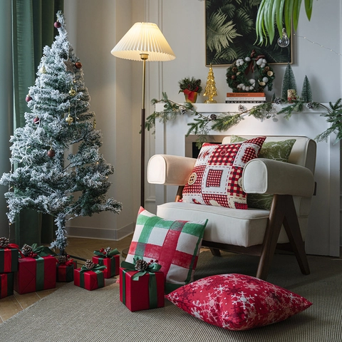 Funda de Almohada de Navidad de Algodón Estampado Sofá Funda de Cojín Decoración Festiva Copo de Nieve Cuadros Cuadrada