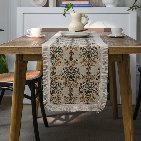 Jacquard Bloemen Tafelloper Met Kwasten Amerikaanse Vintage Katoen Linnen Geweven Tafelkleed Voor Eetkamer Feest Decor