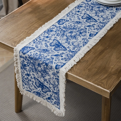 Amerikaanse Landelijke Stijl Katoen Linnen Jacquard Tafelloper Met Kwastjes Vlinder Bloemenpatroon Tafeldecoratie Doek Voor Huis