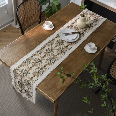 Jacquard Bloemen Tafelloper Met Kwasten Amerikaanse Vintage Katoen Linnen Geweven Tafelkleed Voor Eetkamer Feest Decor