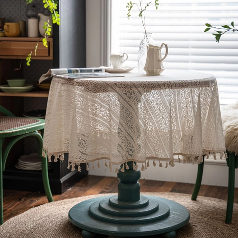 Pastoral Crochet Lace Round Tablecloth With Tassel Hollow Out Cotton Table Cover For Home Dining Room Decor Beige Gray