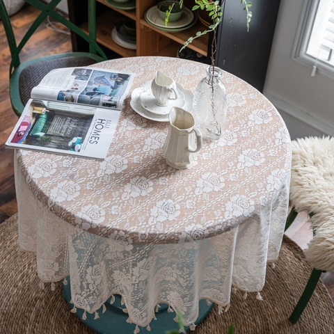 Vintage Gehaakte Kant Ronde Tafelkleed Bloemenpatroon Met Kwastjes Boho Katoenmix Tafelkleed Voor Eetkamer Home Decor