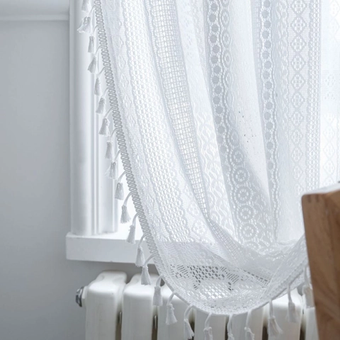 Vintage White Lace Hollow Out Curtain With Tassels American Country Floral Jacquard Window Drapes For Living Room Bedroom Decor