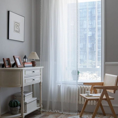Vintage White Lace Hollow Out Curtain With Tassels American Country Floral Jacquard Window Drapes For Living Room Bedroom Decor